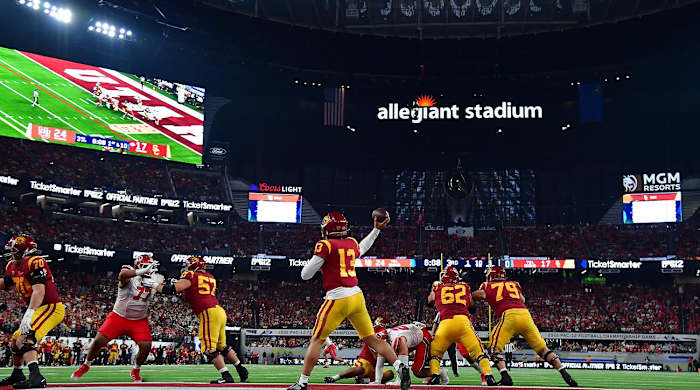 Dec 2, 2022; Las Vegas, NV, USA; Southern California Trojans quarterback Caleb Williams (13) throws against the Utah Utes during the second half in the PAC-12 Football Championship at Allegiant Stadium.
